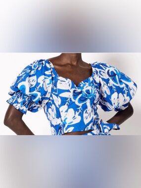 CLEOBELLA - Rayna Floral Print Puff Sleeve Crop Top Azure Size M